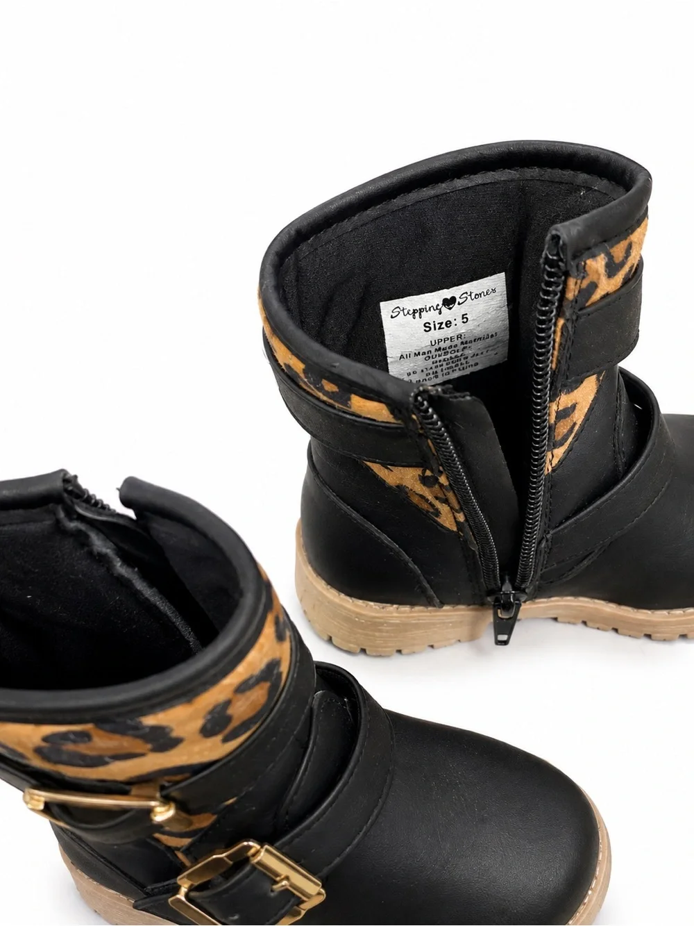 Little Girl’s Stylish Black Boots with Leopard Cuff
